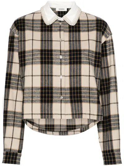 Sandro Crystal-embellished Flannel Shirt In Neutrals