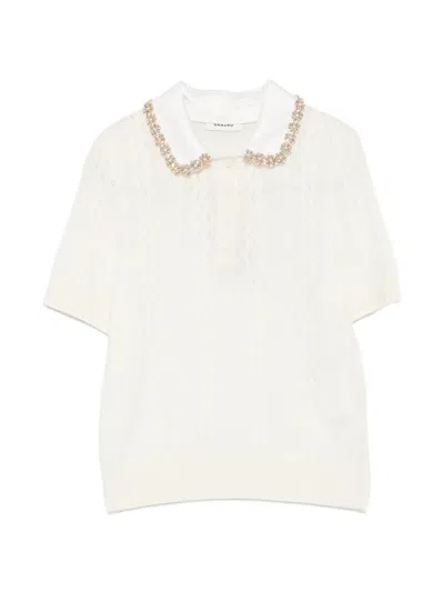 Sandro Crystal-embellished Pointelle-knit Polo Shirt In Neutrals