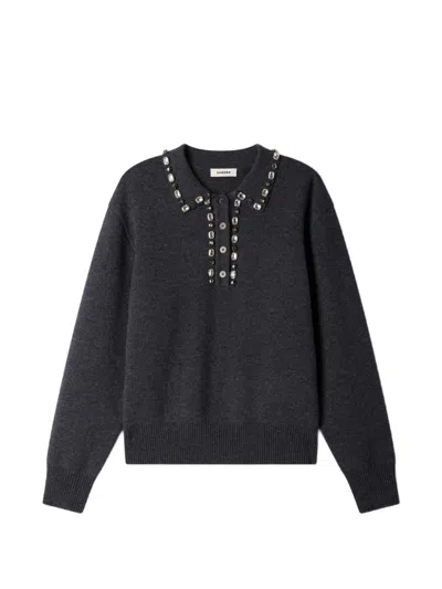 Sandro Crystal-embellished Polo Sweater In Gray