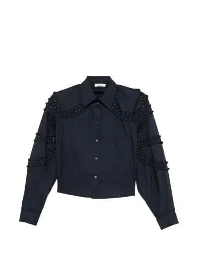 Sandro Crystal-embellished Ruffled-detail Shirt In Blue