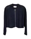 Sandro Cutout Bomber Jacket In Navy Blue Goat Leather In Blue
