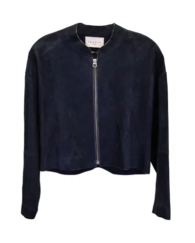 Sandro Cutout Bomber Jacket In Navy Blue Goat Leather