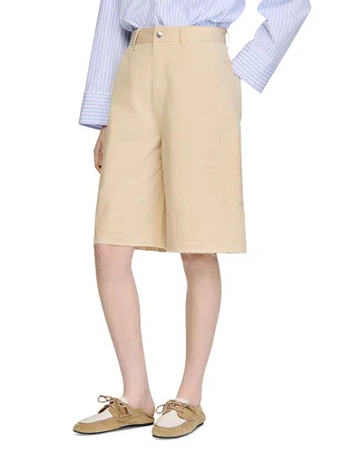 Sandro Cutout Flowers Cotton Bermuda Shorts In Brown