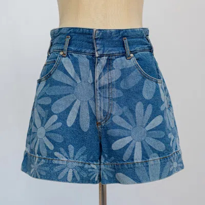 Pre-owned Sandro Daisy Laser Printed Denim Shorts In Bleu Denim