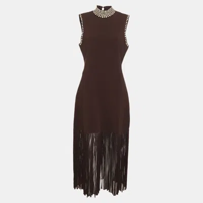 Pre-owned Sandro Dark Brown Jersey Cleopatre Fringed Faux Pearl Embellished Midi Dress L