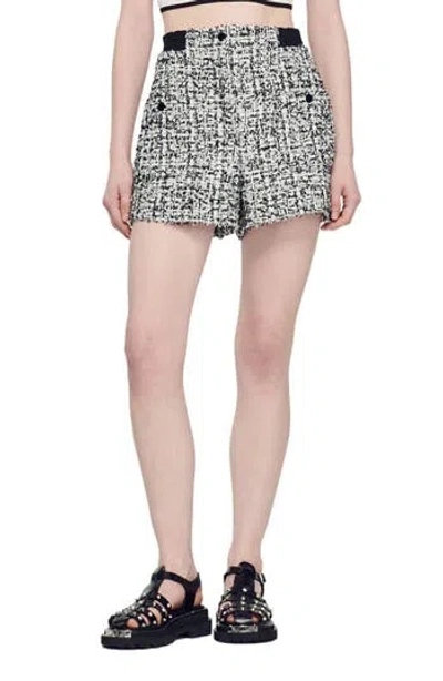 Sandro Sequin-embellished Metallic Tweed Shorts In Black
