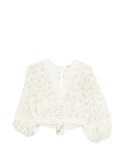 Sandro Davina Floral-print Lace-detail Top In White