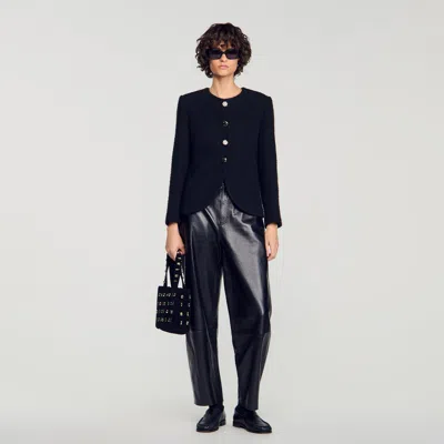 Sandro Decorative Button Tweed Jacket In Black