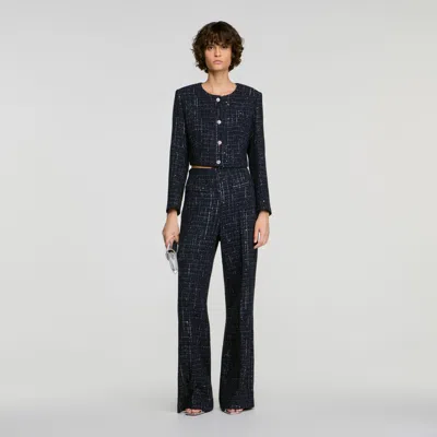 Sandro Decorative Tweed Jacket In Blue