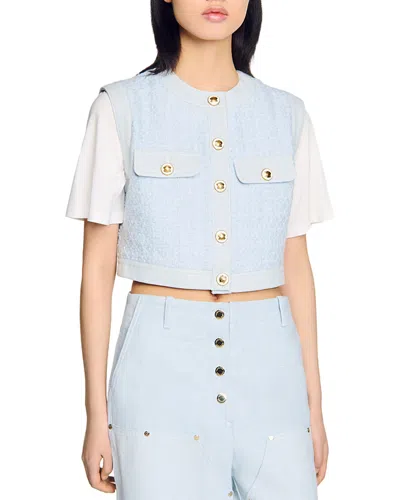 Sandro Decorative Tweed Jacket In Sky Blue