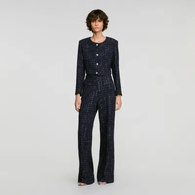 Sandro Decorative Tweed Trousers In Blue