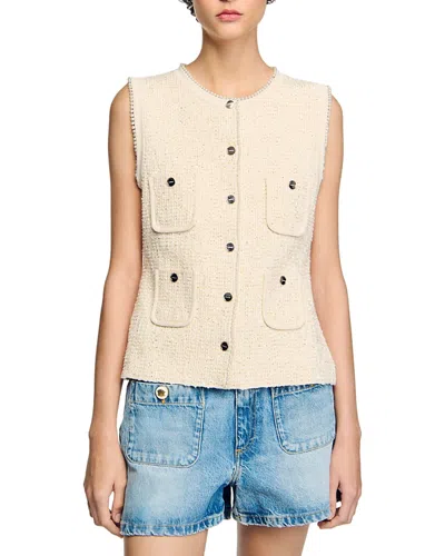 Sandro Decorative Tweed Waistcoat In Ecru