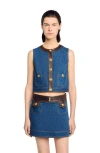Sandro Womens Dark Blue Leather-trim Button-down Denim Top In Blue