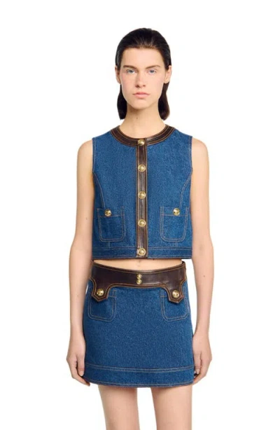 SANDRO SANDRO DENIM AND LEATHER TOP