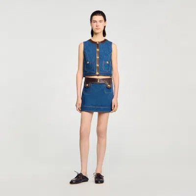 Sandro Denim And Leather Top In Blue