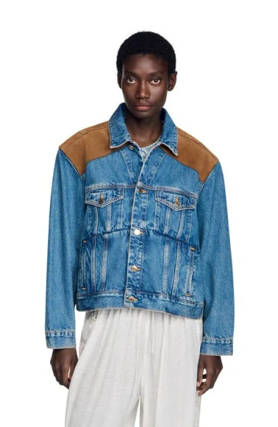 Sandro Denim And Suede Jacket In Blue