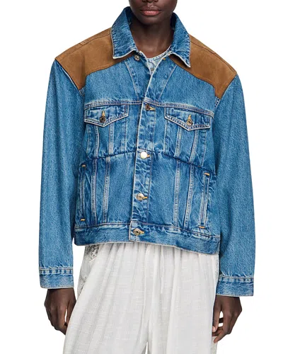 Sandro Denim & Suede Jacket In Blue