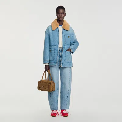 Sandro Denim Coat With Faux Fur Collar In Blue