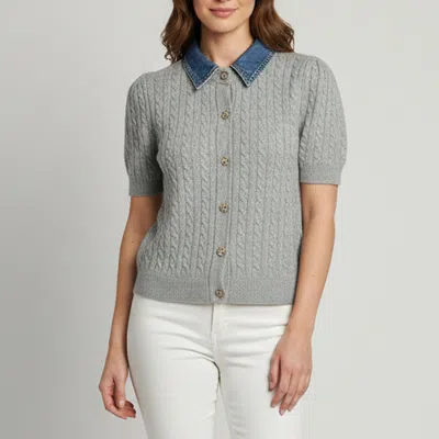 Pre-owned Sandro Denim Collar Grey Cable Knit Cardigan S In Gray