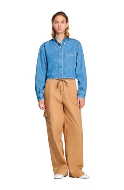 Sandro Denim Cropped Shirt In Blue Jean