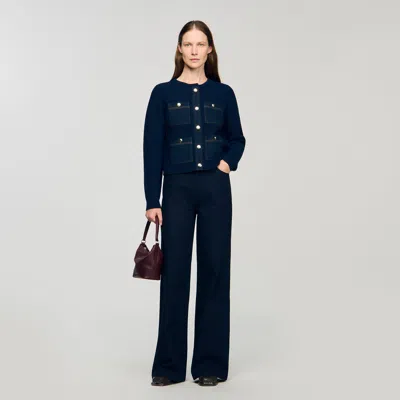 Sandro Denim Detail Rib Knit Cardigan In Blue