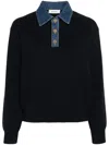 Sandro Denim-detailed Polo Shirt In Navy Blue