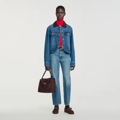 Sandro Denim Jacket With Leather Collar In Blue