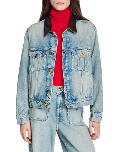 Sandro Denim Jacket With Leather Collar In Blue Jean