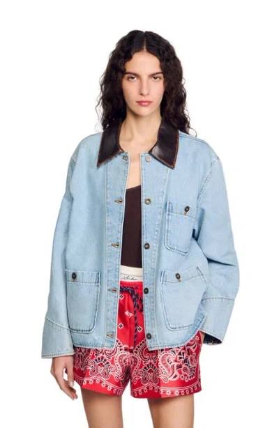 SANDRO SANDRO DENIM JACKET WITH LEATHER COLLAR