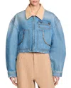 Sandro Womens Contrast-collar Stud-embellished Cropped Denim Jacket Bleus In Blue Jean