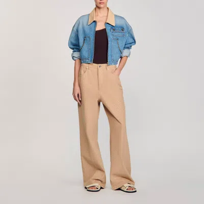 Sandro Denim Jacket With Studs In Brown