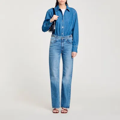 Sandro Denim Shirt Bodysuit In Blue Jean