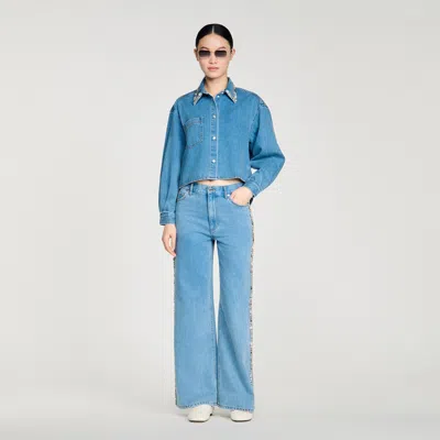 Sandro Denim Shirt With Rhinestones In Blue