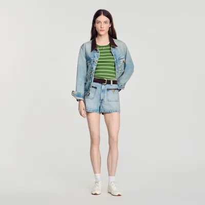 Sandro Denim Shorts With Leather Detail In Blue