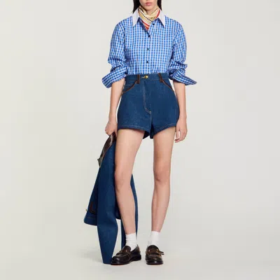 Sandro Denim Shorts With Leather Details In Blue
