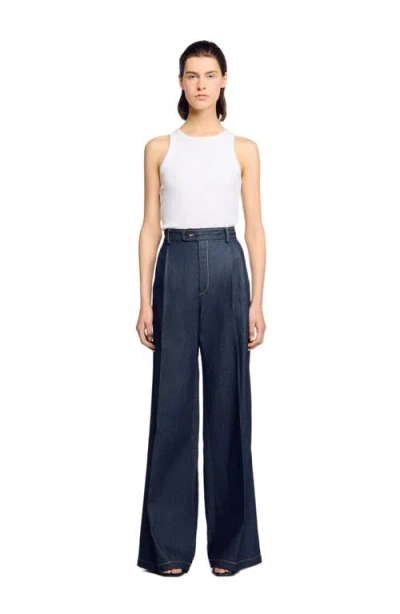 Sandro Womens Deep Blue Wide-leg High-rise Denim Suit Trousers