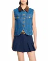 Sandro Womens Blue Jean Contrast-collar Button-down Sleeveless Denim Jacket In Blue