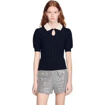 Sandro Detachable Collar Cable Knit Sweater In Black