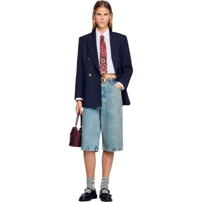 Sandro Distressed Denim Bermuda Shorts In Blue
