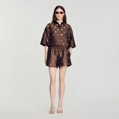 Sandro Distressed Rhinestone Shorts In Brown