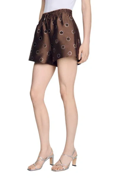 Sandro Rhinestone-embellished Cut-out Shorts In Brown