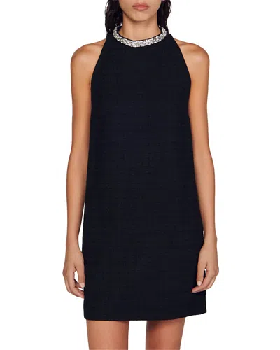 Sandro Tweed Rhinestone Dress In Black