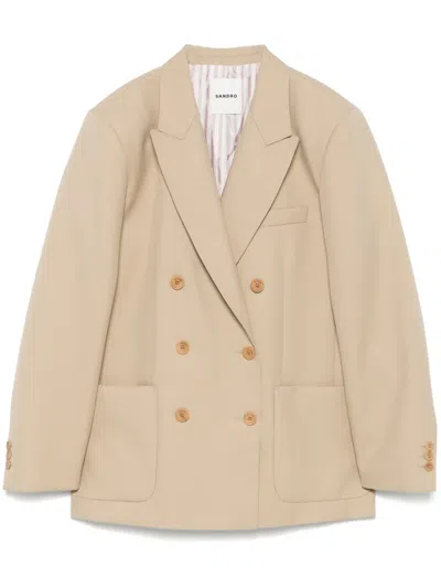Sandro Double-breasted Blazer In Brown