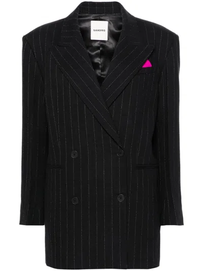 Sandro Double-breasted Pinstripe Blazer In Black