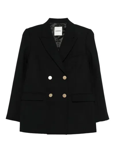 Sandro Womens Black Double-breasted Peak-lapel Wool Blazer