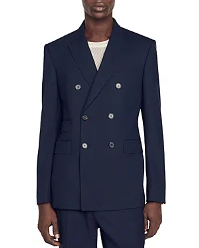 Sandro Double Breasted Wool Suit Jacket In Navy Blue