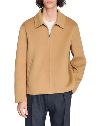 Sandro Double-faced Wool Zip-up Jacket In Brown