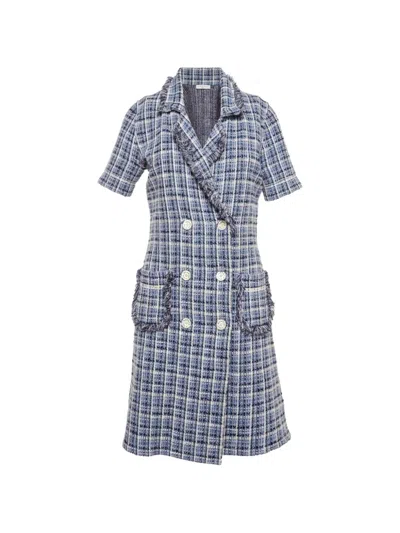 Pre-owned Sandro Double-breasted Tweed Mini Dress In Blue
