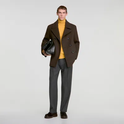 Sandro Double-breasted Wool Pea Coat In Brown