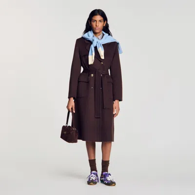 Sandro Double-faced Check Coat In Brown